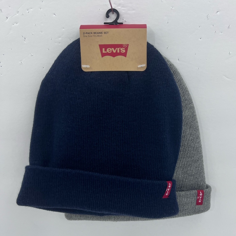 LEVI’S, BEANIE SET, 2 WARM BEANIES, NAVY BLUE AND GREY, 100% ACRYLIC, UNISEX